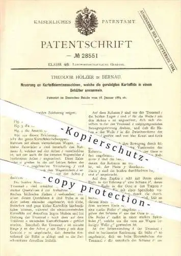 original Patent - Th. Hölzer , Bernau , 1884 , Kartoffelerntemaschine mit Sammelbehälter für Kartoffeln , Landwirtschaft