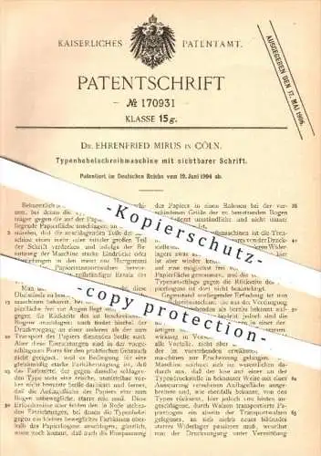 original Patent - Dr. E. Mirus , Köln , 1904 , Typenhebel - Schreibmaschine mit sichtbarer Schrift , Schreibmaschinen !!