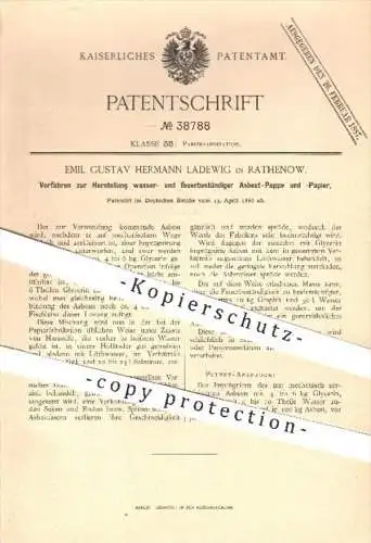 original Patent - E. G. H. Ladewig / Rathenow , 1886 , Herstellung wasser- u. feuerbeständiger Asbest - Pappe , Papier !