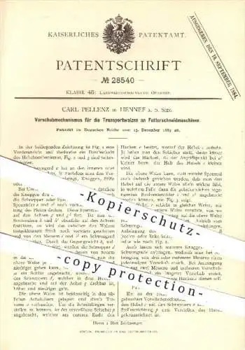 original Patent - C. Pellenz , Hennef / Sieg , 1883 , Vorschub der Walzen an Futterschneidemaschinen , Landwirtschaft !!