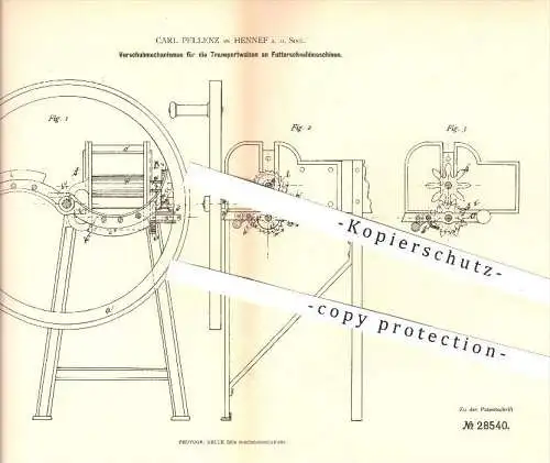 original Patent - C. Pellenz , Hennef / Sieg , 1883 , Vorschub der Walzen an Futterschneidemaschinen , Landwirtschaft !!