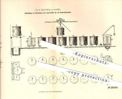 original Patent - Dr. H. Sellnick , Leipzig , 1884 , Behandlung von Faserstoffen für die Paperherstellung , Papier !!