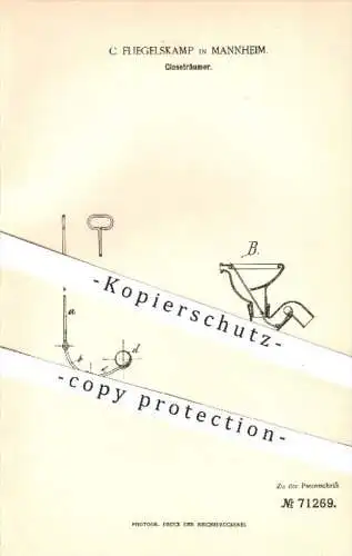 original Patent - C. Fliegelskamp , Mannheim , 1892 , Kloseträumer , Kloset , WC , Toilette , Reinigung , Sanitäranlagen