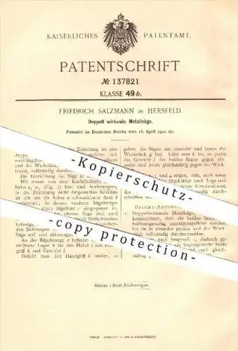 original Patent - Friedrich Salzmann , Hersfeld , 1901 , Doppelt wirkende Metallsäge , Säge , Sägen , Metall , Sägeblatt