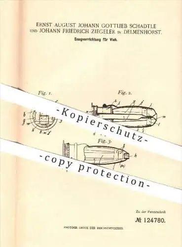 original Patent - E. A. J. G. Schadtle , J. F. Ziegeler / Delmenhorst 1900 , Saugvorrichtung für Vieh , Tierzucht  Tiere