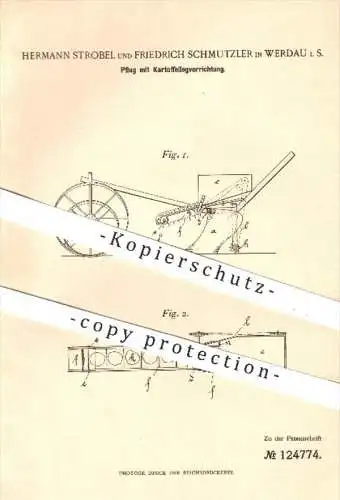 original Patent - H. Strobel , F. Schmutzler , Werdau , 1900 , Pflug zum Kartoffeln legen , Kartoffel , Landwirtschaft !