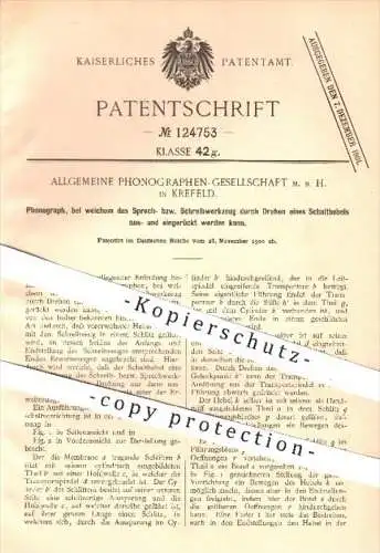 original Patent - Allgemeine Phonographen GmbH , Krefeld , 1900 , Phonograph , Sprechmaschine , Schall !!!