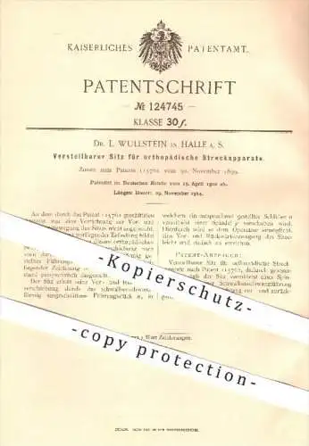 original Patent - Dr. L. Wullstein , Halle / Saale 1900 , Sitz für orthopädische Streckapparate , Orthopäde , Orthopädie