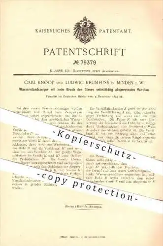 original Patent - C. Knoop , L. Krumfuss , Minden 1893 , Wasserstandsanzeiger mit selbst sperrendem Ventil , Dampfkessel