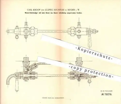 original Patent - C. Knoop , L. Krumfuss , Minden 1893 , Wasserstandsanzeiger mit selbst sperrendem Ventil , Dampfkessel