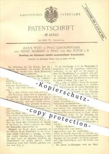 original Patent - J. Wüst , Prag - Carolinenthal / A. Diamant , Bad Elster , 1887 , Besohlung von Schuhwerk , Schuhe !!