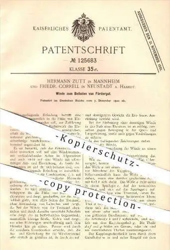 original Patent - H. Zutt , Mannheim / F. Correll , Neustadt / Haardt , 1900 , Winde zum Beiholen von Fördergut , Winden