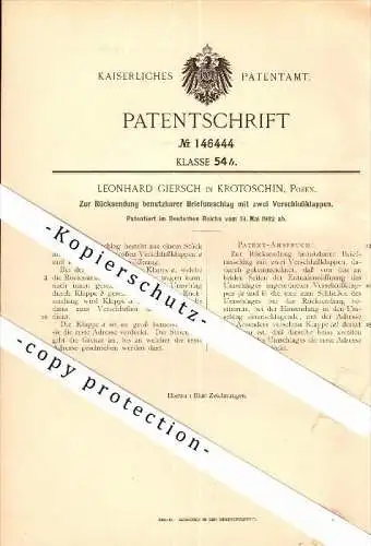 Original Patent - Leonhard Giersch in Krotoschin / Krotoszyn , 1902 , Briefumschlag für Rücksendung , Post , Posen !!!