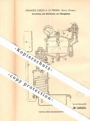 Original Patent - Charles Caille à Le Perreux , Seine , 1902 , Dispositif pour la stérilisation des liquides !!!