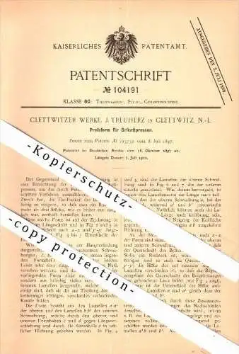 Original Patent - Clettwitzer Werke , J. Treuherz in Klettwitz / Schipkau , 1897 , Preßform für Brikettpressen , Kohle !