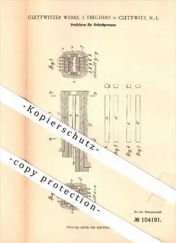 Original Patent - Clettwitzer Werke , J. Treuherz in Klettwitz / Schipkau , 1897 , Preßform für Brikettpressen , Kohle !