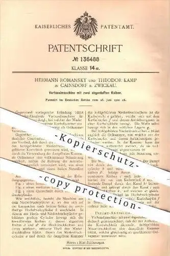 original Patent - H. Romansky , Th. Kamp , Cainsdorf / Zwickau , 1900 , Verbundmaschine mit 2 abgestuften Kolben , Dampf