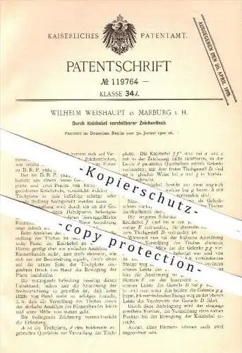 original Patent - W. Weishaupt , Marburg , 1900 , durch Kniehebel verstellbarer Zeichentisch , Tisch , Möbel , Tischler