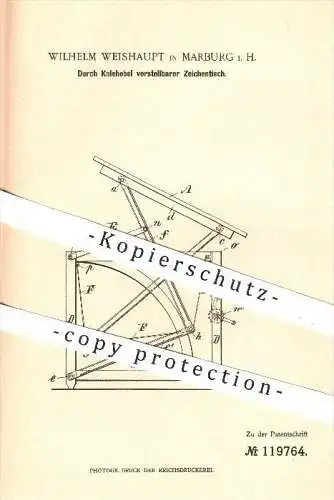 original Patent - W. Weishaupt , Marburg , 1900 , durch Kniehebel verstellbarer Zeichentisch , Tisch , Möbel , Tischler