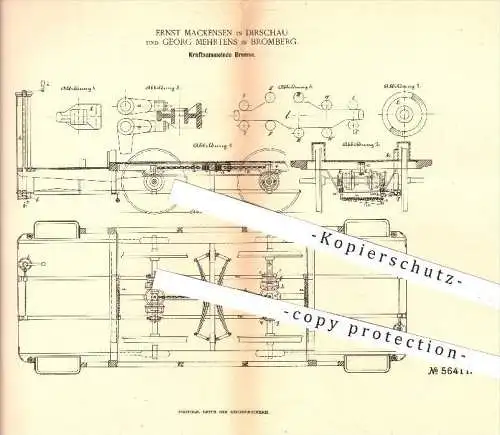 original Patent - E. Mackensen , Dirschau / G. Mehrtens , Bromberg , 1890 , Kraftsammelnde Bremse , Bremsen , Eisenbahn