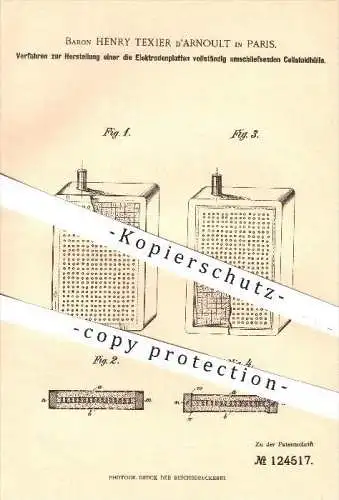 original Patent - Baron Henry Texier d' Arnoult in Paris , 1900 , Herstellung einer Celluloid - Hülle , Elektroden !!