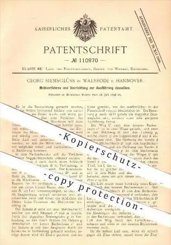 original Patent - G. Siemsglüss , Walsrode / Hannover , 1898 , Melkverfahren , Melken , Tierzucht , Kuh , Kühe , Bauer !