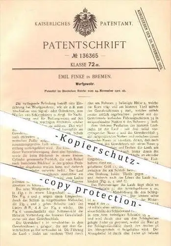 original Patent - Emil Finke in Bremen , 1901 , Wurfgewehr , Gewehr , Gewehre , Waffen , Rakete , Raketen , Patronen !!