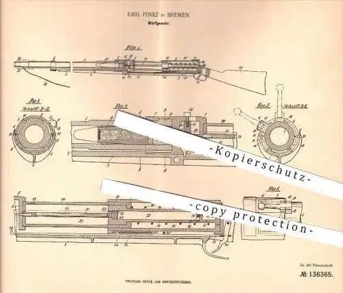 original Patent - Emil Finke in Bremen , 1901 , Wurfgewehr , Gewehr , Gewehre , Waffen , Rakete , Raketen , Patronen !!