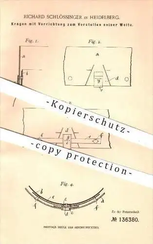 original Patent - Richard Schlössinger in Heidelberg , 1902 , in der Weite verstellbarer Kragen , Hemden , Bekleidung !