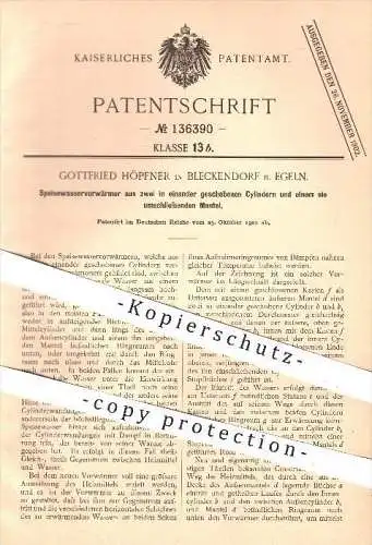 original Patent - G. Höpfner , Bleckendorf / Egeln , 1901 , Speisewasservorwärmer aus 2 Zylindern , Heizung , Wasser