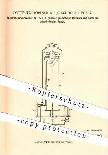 original Patent - G. Höpfner , Bleckendorf / Egeln , 1901 , Speisewasservorwärmer aus 2 Zylindern , Heizung , Wasser