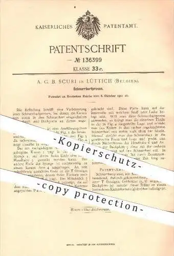 original Patent - A. G. B. Scuri in Lüttich , Belgien , 1901 , Schnurrbart - Presse , Bart , Bartpflege , Kamm , Haare