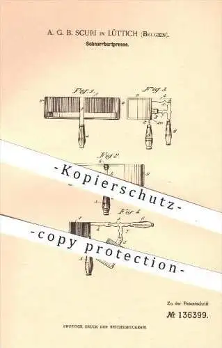 original Patent - A. G. B. Scuri in Lüttich , Belgien , 1901 , Schnurrbart - Presse , Bart , Bartpflege , Kamm , Haare