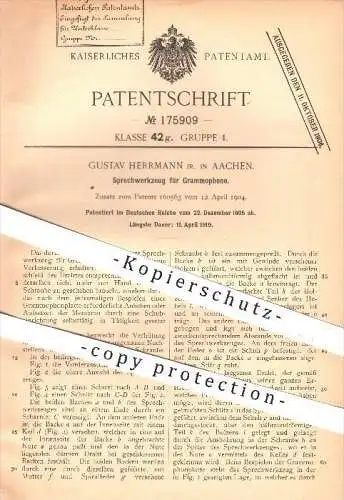 original Patent - G. Herrmann , Aachen , 1905 , Sprechwerkzeug für Grammophon , Grammophone , Plattenspieler , Grammofon