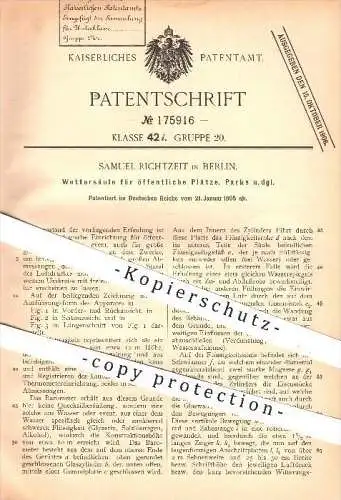 original Patent - S. Richtzeit , Berlin  1905 , Wettersäule für öffentl. Plätze , Park , Wetter , Temperatur , Luftdruck