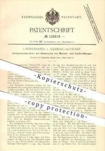 original Patent - J. Korndorfer , Hamburg - Altstadt 1898 , Acetylenentwickler mit Messung von Wasser- & Carbid - Mengen