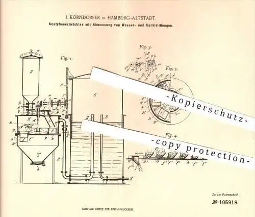 original Patent - J. Korndorfer , Hamburg - Altstadt 1898 , Acetylenentwickler mit Messung von Wasser- & Carbid - Mengen