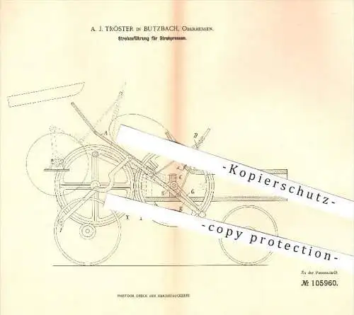 original Patent - A. J. Tröster , Butzbach 1898 , Zuführung von Stroh an Strohpresse , Presse , Pressen , Landwirtschaft