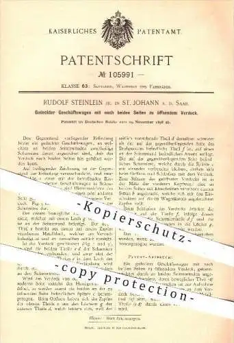 original Patent - R. Steinlein , St. Johann / Saar , 1898 , Verkaufswagen mit zu öffendem Verdeck nach 2 Seiten , Wagen