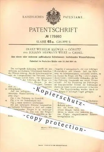 original Patent - F. W. Klöwer  Görlitz / J. H. Wilke , Kassel , 1904 , Wasserfahrzeug aus Schwimmern , Boot , Schiff !!