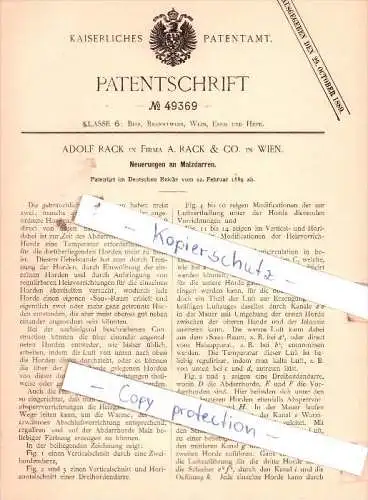 Original Patent  - Adolf Rack in Firma A. Rack & Co. in Wien , 1889 , Neuerungen an Malzdarren !!!