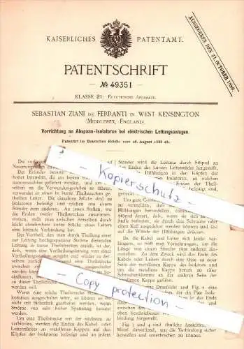 Original Patent  - Sebastian Ziani de Ferranti in West Kensington , 1888 , Elektrische Apparate !!!