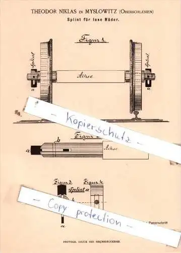 Original Patent  - Theodor Niklas in Myslowitz , Oberschlesien , 1889 , Splint für lose Räder !!!