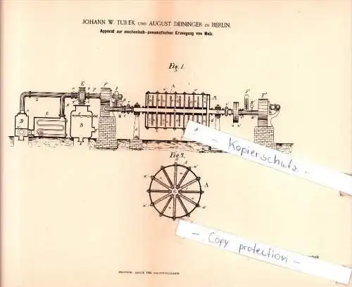 Original Patent  -  J. W. Turek und A. Eininger in Berlin , 1889 , Apparat zur Erzeugung von Malz !!!