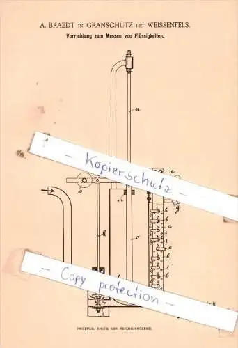 Original Patent  - A. Braedt in Granschütz bei Weissenfels , 1889 , Messen von Flüssigkeit !!!