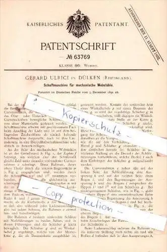 Original Patent  - Gerard Ulrici in Dülken , Rheinland , 1891 , Schaftmaschine für Webstühle !!!