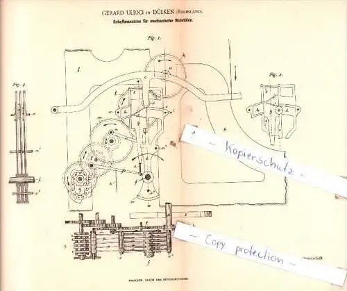 Original Patent  - Gerard Ulrici in Dülken , Rheinland , 1891 , Schaftmaschine für Webstühle !!!