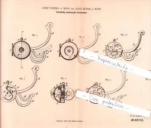 Original Patent  - J. Wieder und A. Böhm in Wien , 1891 , Selbstthätig schließender Kleiderhalter !!!