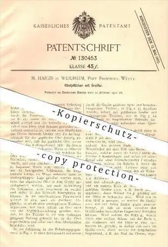 original Patent - M. Haigis , Weilheim , Post Frommern 1901 , Obstpflücker mit Greifer , Obst , Ernte , Ernten , Gärtner