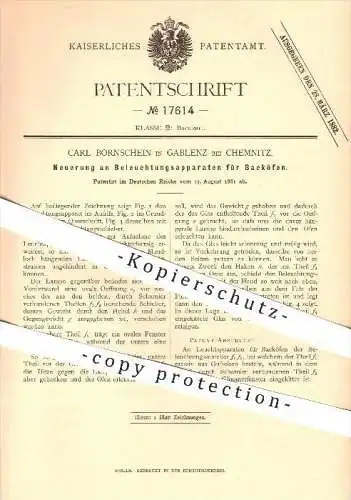 original Patent - C. Bornschein , Gablenz / Chemnitz , 1881 , Beleuchtung für Backöfen , Backofen , Bäckerei , Bäcker !!